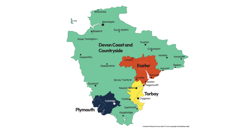 Map showing the proposed unitary authorities in Devon